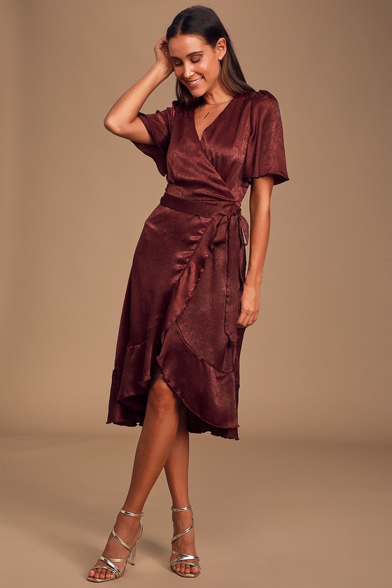 Dark Burgundy Dress - Satin Dress - Satin Wrap Dress - Midi Dress - Lulus